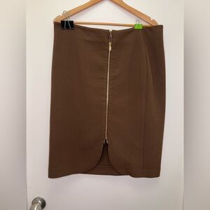 Ann Taylor Brown Pencil Skirt Size 14 Gold Zip Front Slit Stretch Workwear